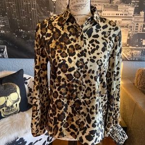 ALEXIS Romana blouson leopard collard button down top sz XS - Retail $320